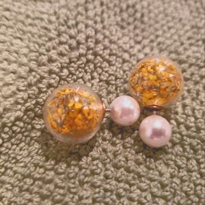 Pearl and Dried Yellow Flowers in a Clear Ball Earrings UNIQUE